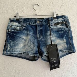 ReRock x Express Womens Jean Shorts Sz 10 Low Rise Blue Denim Distressed *FLAW*